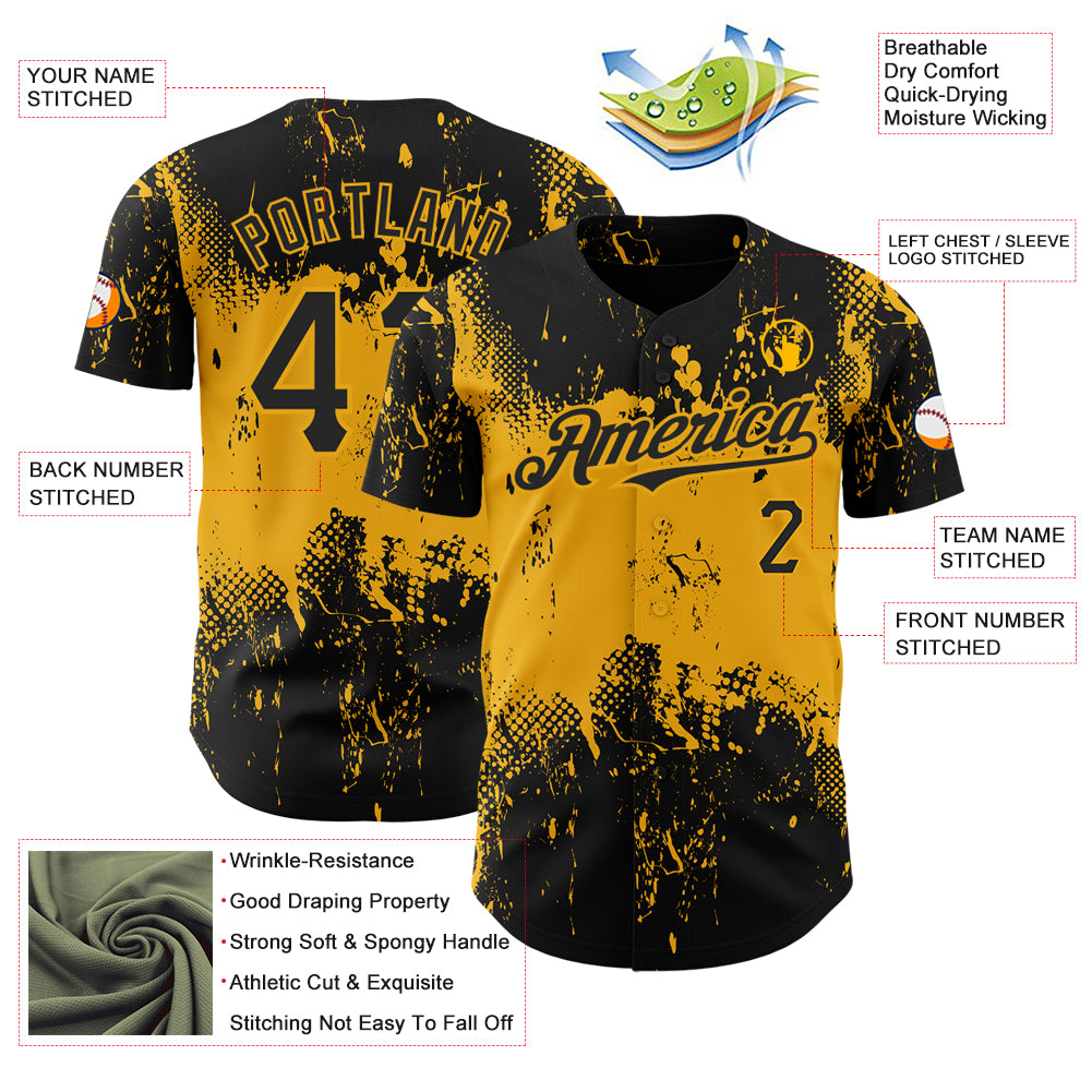 Custom Black Gold 3D Pattern Design Abstract Splatter Grunge Art Authentic Baseball Jersey