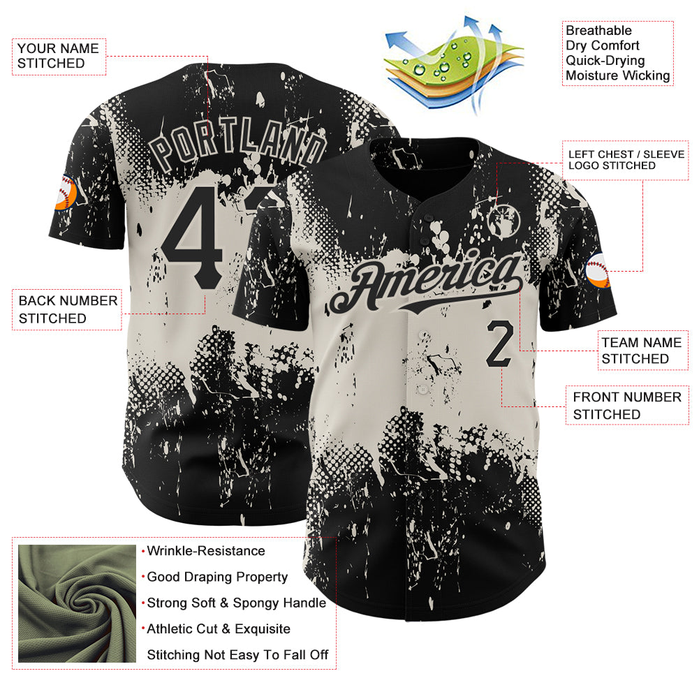 Custom Black Cream 3D Pattern Design Abstract Splatter Grunge Art Authentic Baseball Jersey