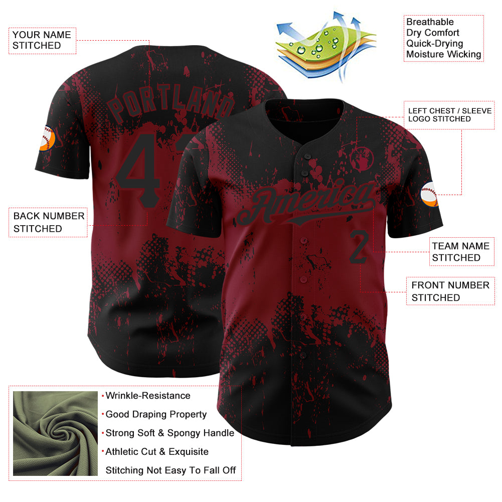Custom Black Crimson 3D Pattern Design Abstract Splatter Grunge Art Authentic Baseball Jersey