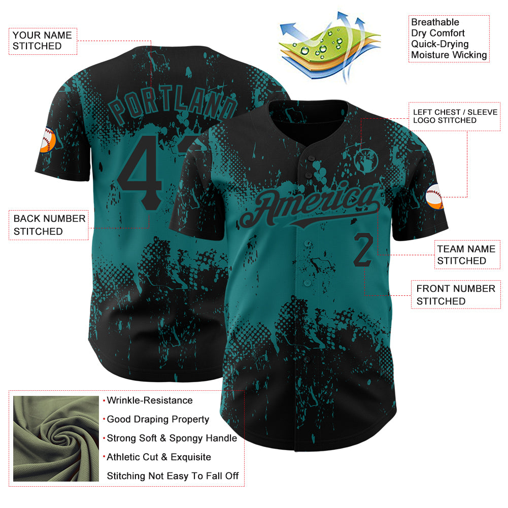 Custom Black Teal 3D Pattern Design Abstract Splatter Grunge Art Authentic Baseball Jersey