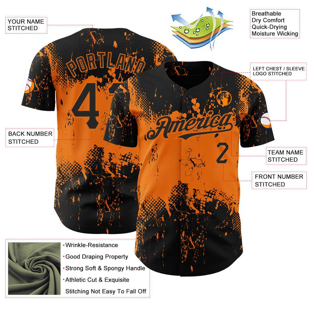 Custom Black Bay Orange 3D Pattern Design Abstract Splatter Grunge Art Authentic Baseball Jersey
