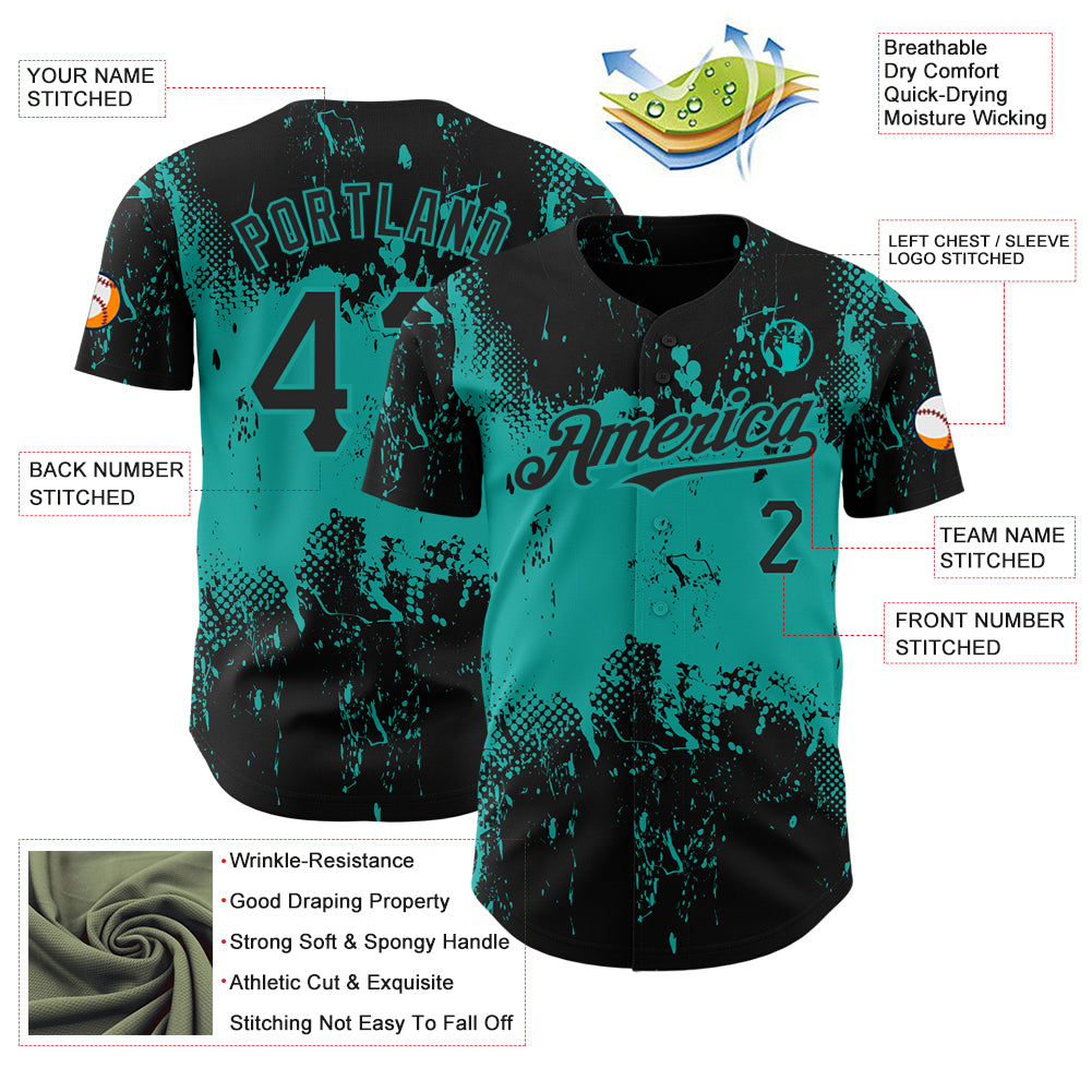 Custom Black Aqua 3D Pattern Design Abstract Splatter Grunge Art Authentic Baseball Jersey