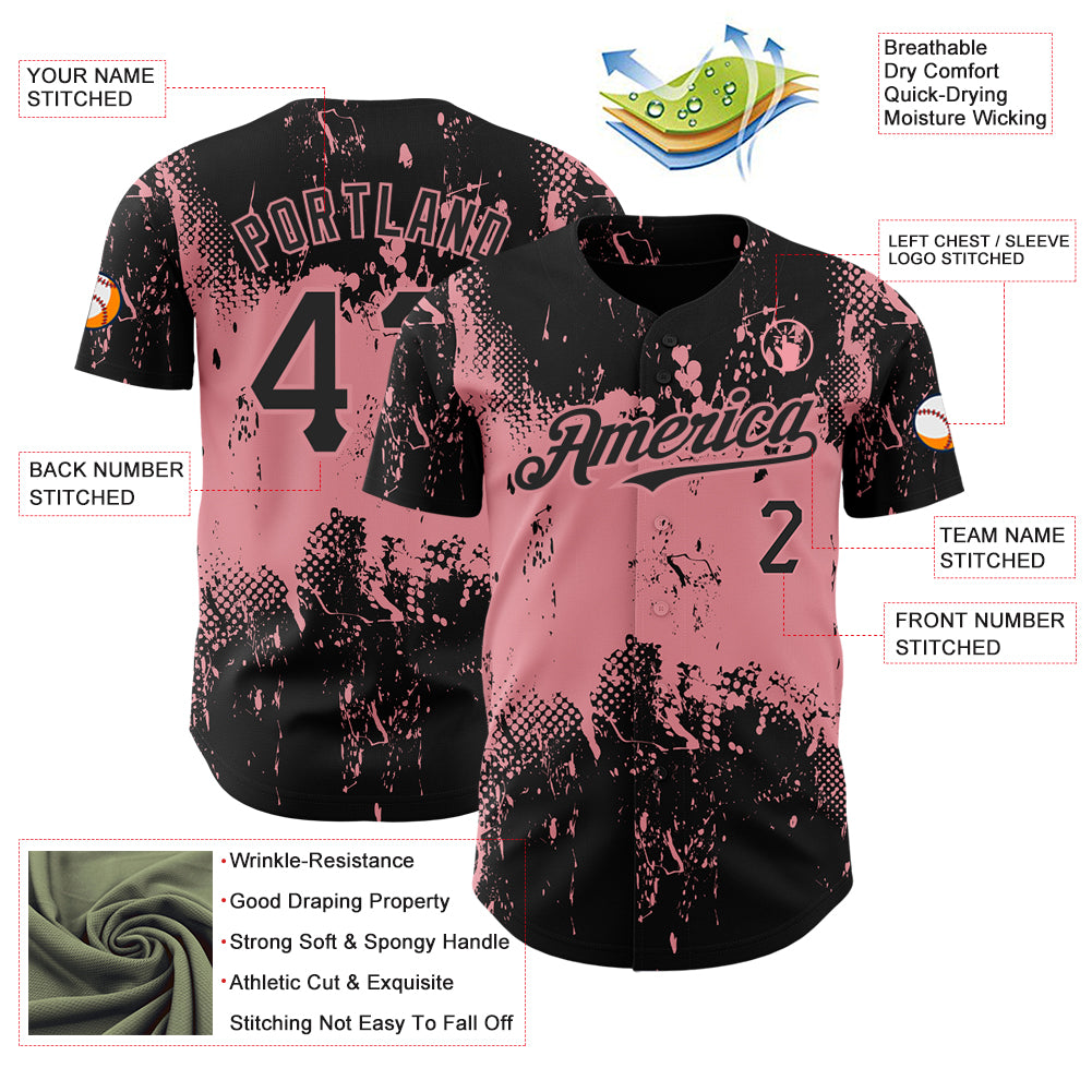 Custom Black Medium Pink 3D Pattern Design Abstract Splatter Grunge Art Authentic Baseball Jersey