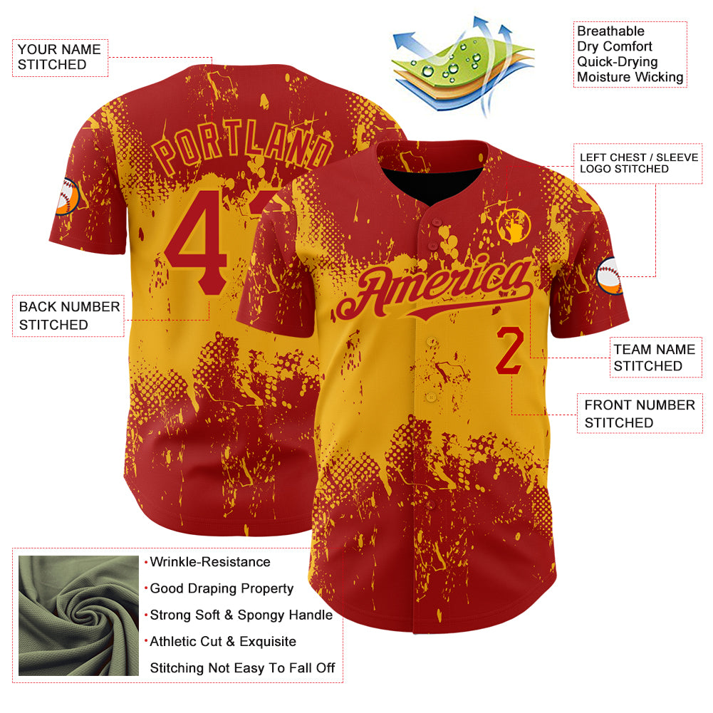 Custom Red Gold 3D Pattern Design Abstract Splatter Grunge Art Authentic Baseball Jersey