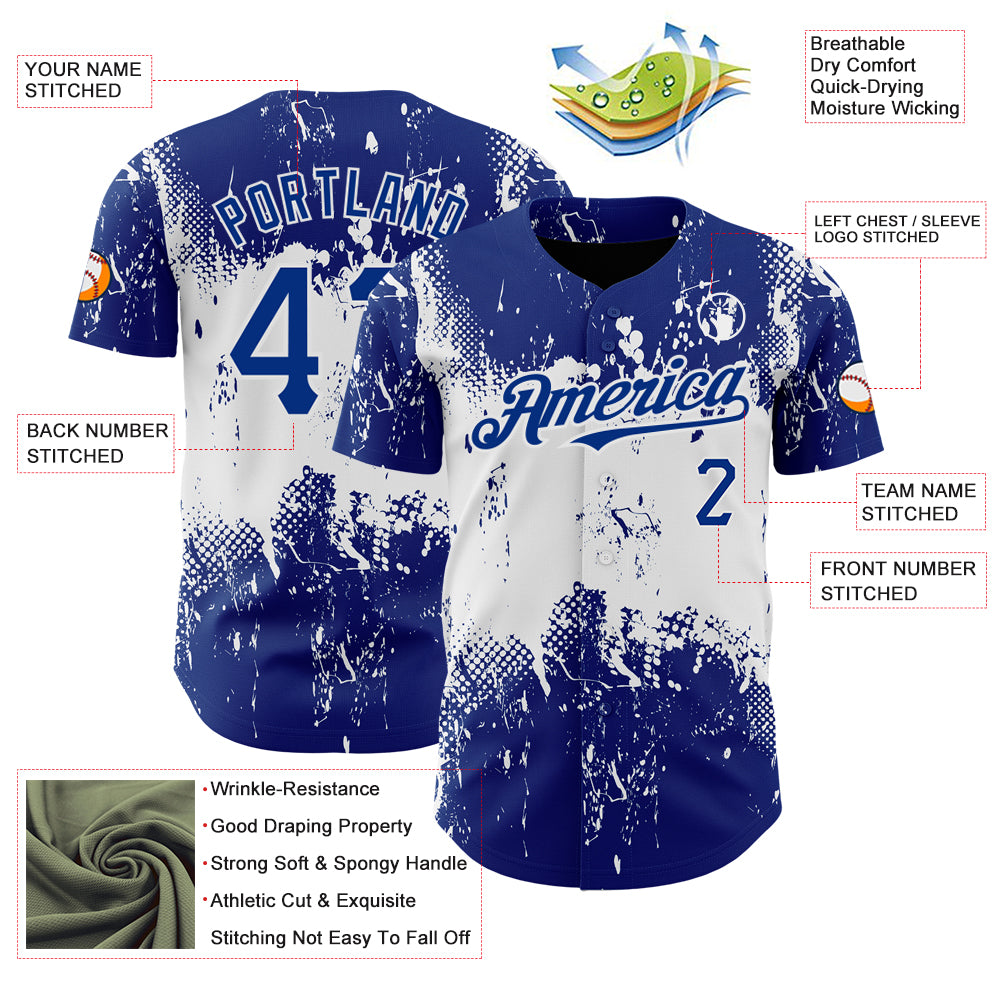 Custom Royal White 3D Pattern Design Abstract Splatter Grunge Art Authentic Baseball Jersey