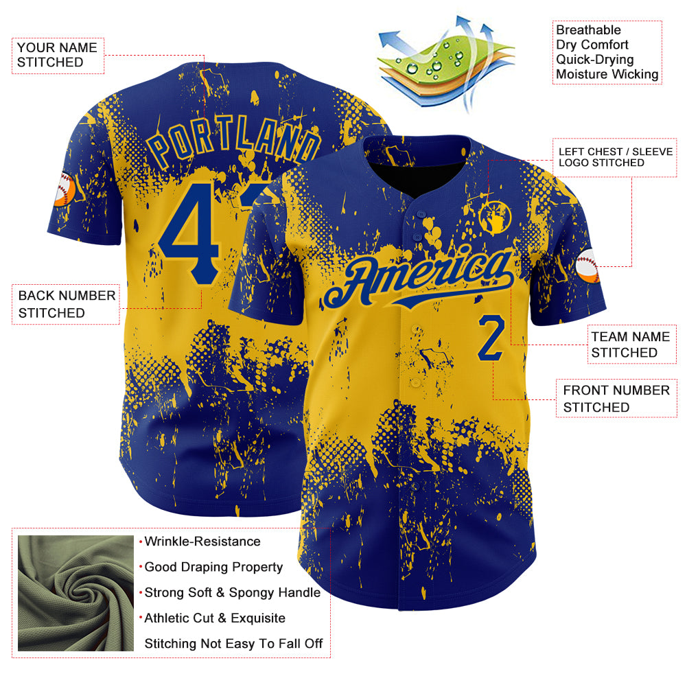 Custom Royal Yellow 3D Pattern Design Abstract Splatter Grunge Art Authentic Baseball Jersey