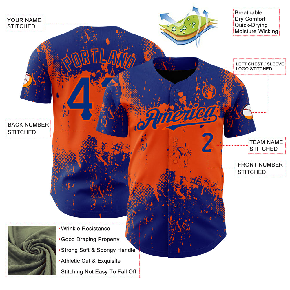 Custom Royal Orange 3D Pattern Design Abstract Splatter Grunge Art Authentic Baseball Jersey