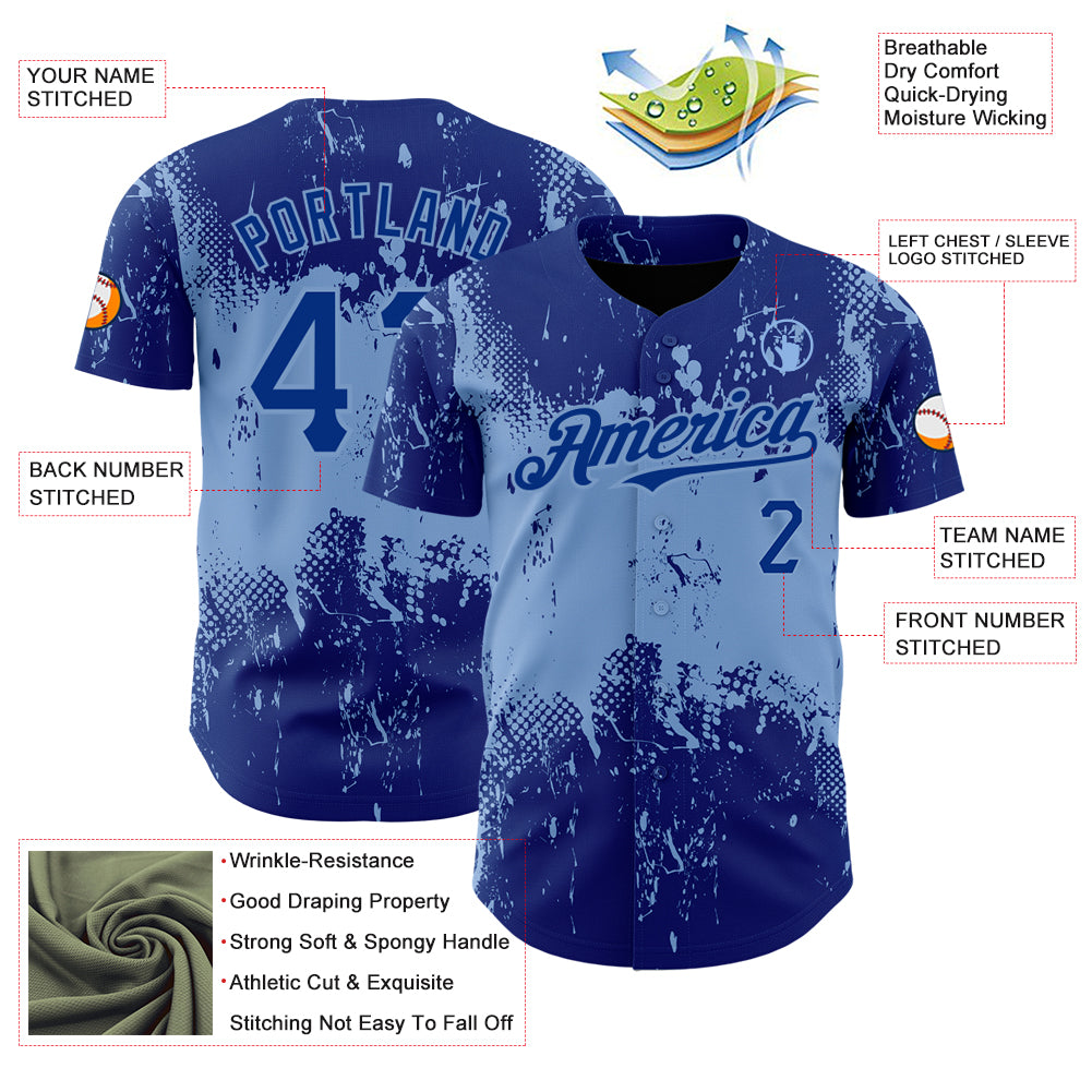 Custom Royal Light Blue 3D Pattern Design Abstract Splatter Grunge Art Authentic Baseball Jersey