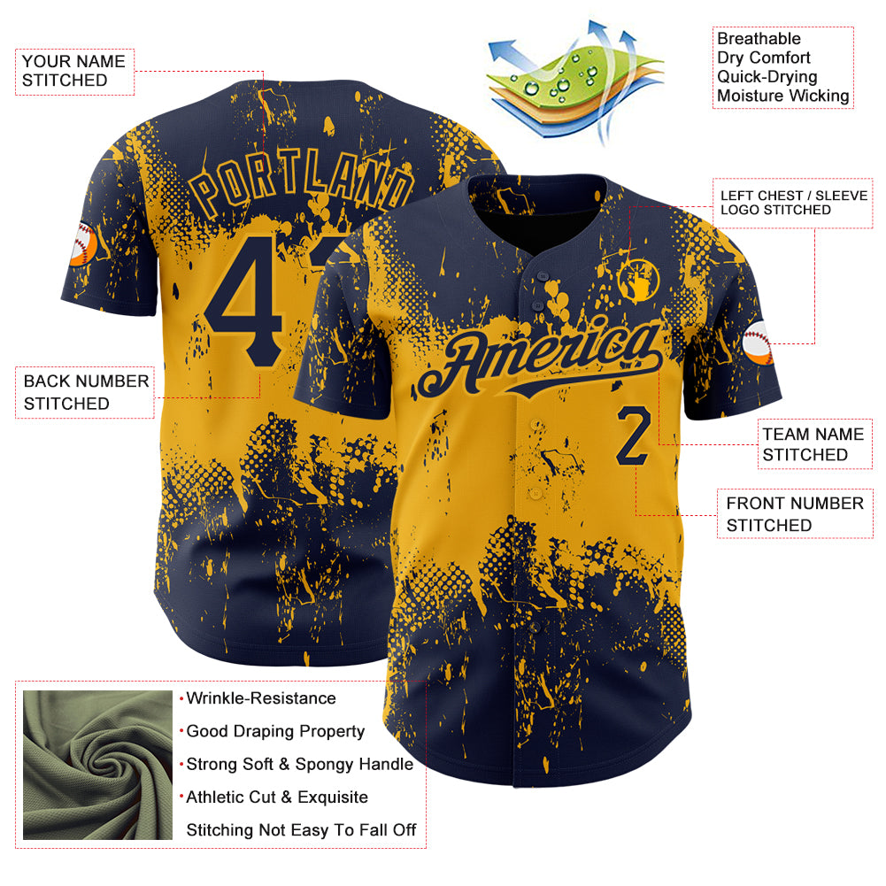 Custom Navy Gold 3D Pattern Design Abstract Splatter Grunge Art Authentic Baseball Jersey