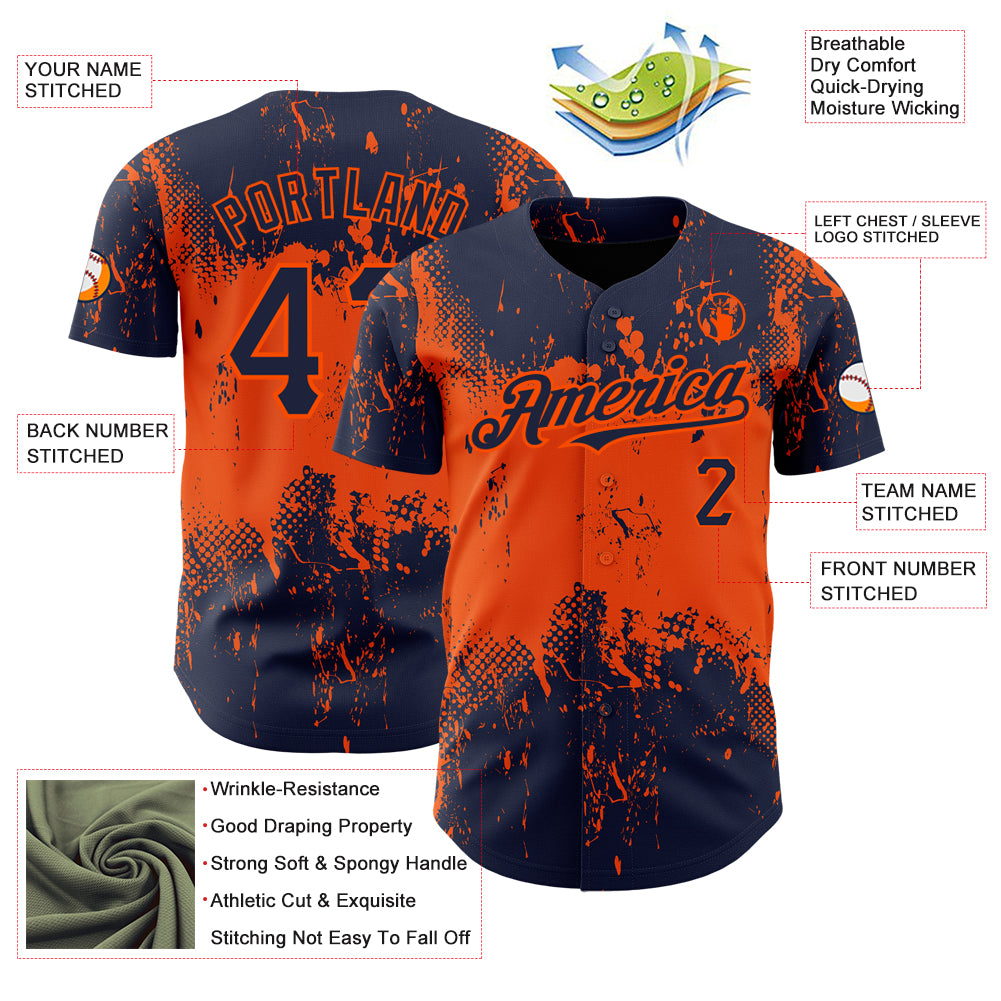 Custom Navy Orange 3D Pattern Design Abstract Splatter Grunge Art Authentic Baseball Jersey