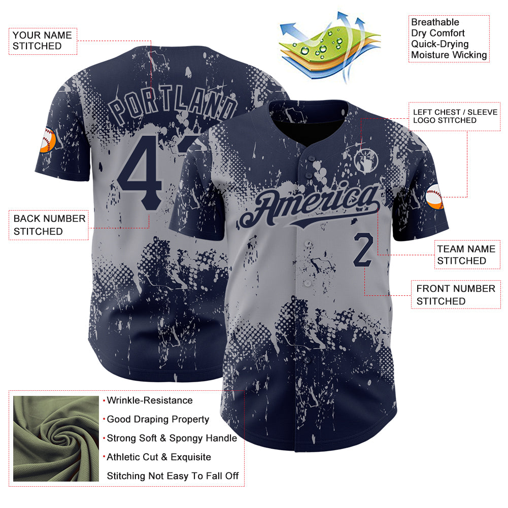 Custom Navy Gray 3D Pattern Design Abstract Splatter Grunge Art Authentic Baseball Jersey