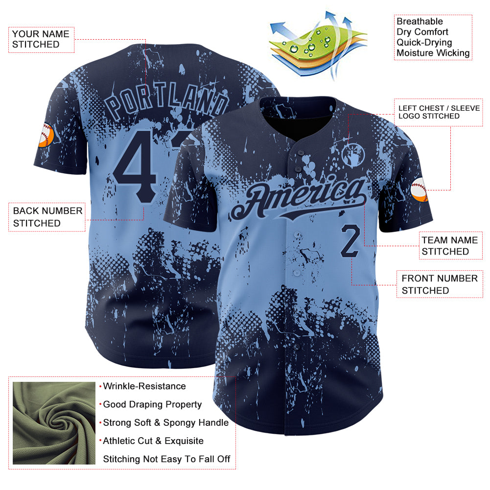 Custom Navy Light Blue 3D Pattern Design Abstract Splatter Grunge Art Authentic Baseball Jersey