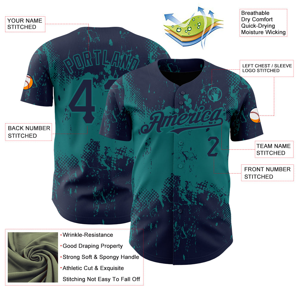 Custom Navy Teal 3D Pattern Design Abstract Splatter Grunge Art Authentic Baseball Jersey