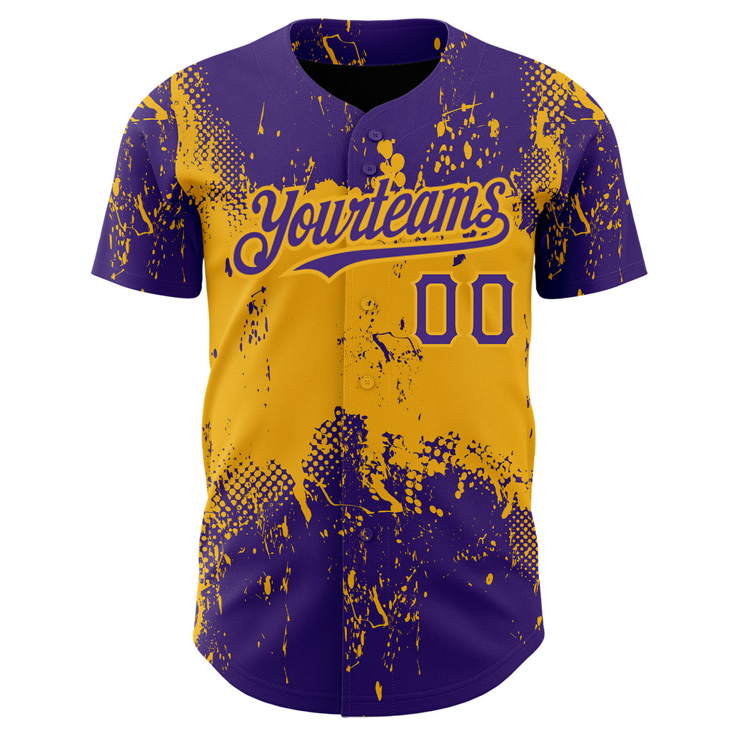 Custom Purple Gold 3D Pattern Design Abstract Splatter Grunge Art Authentic Baseball Jersey
