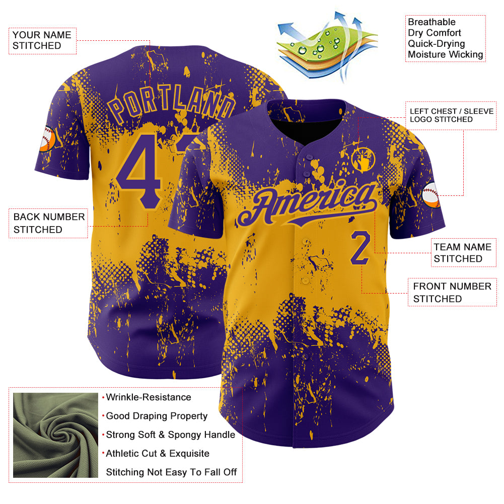 Custom Purple Gold 3D Pattern Design Abstract Splatter Grunge Art Authentic Baseball Jersey