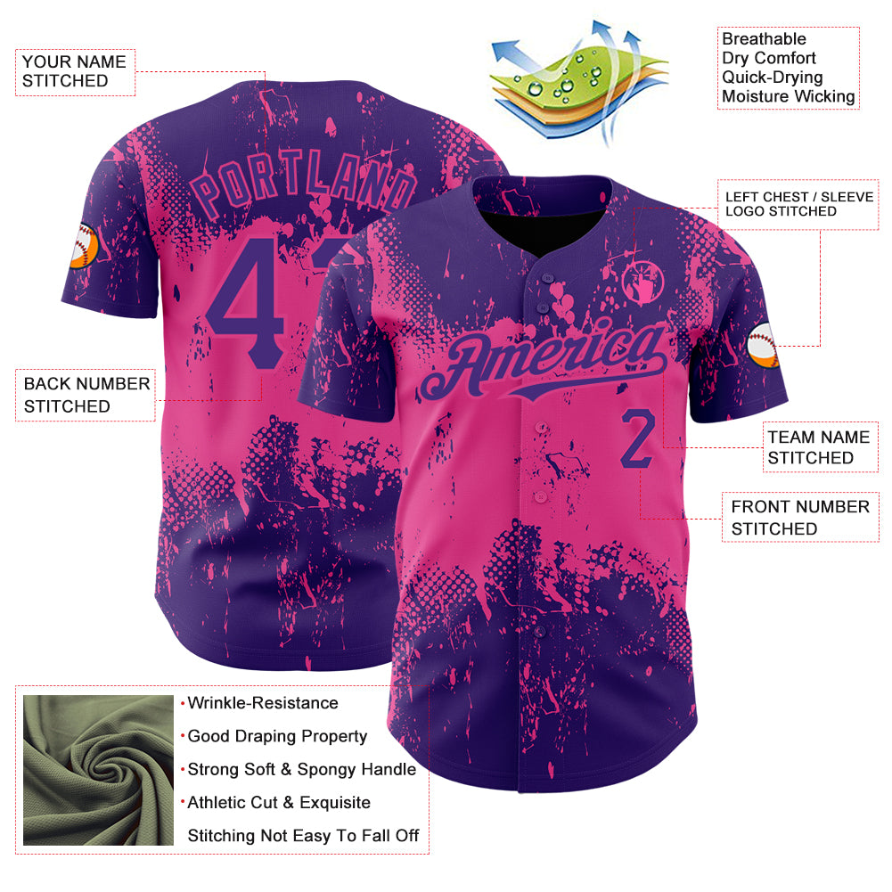 Custom Purple Pink 3D Pattern Design Abstract Splatter Grunge Art Authentic Baseball Jersey