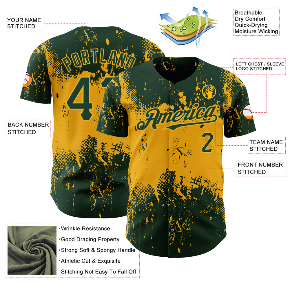 Custom Green Gold 3D Pattern Design Abstract Splatter Grunge Art Authentic Baseball Jersey