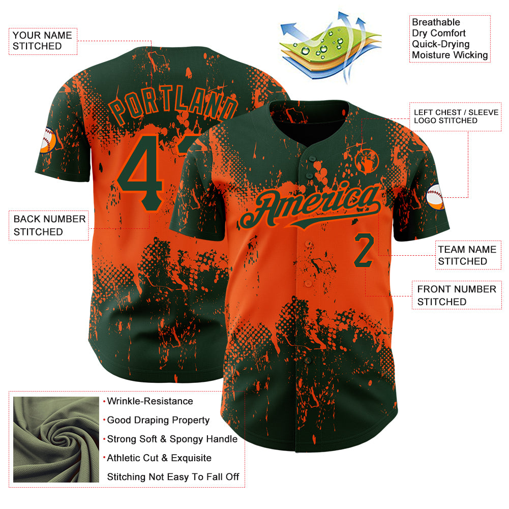 Custom Green Orange 3D Pattern Design Abstract Splatter Grunge Art Authentic Baseball Jersey