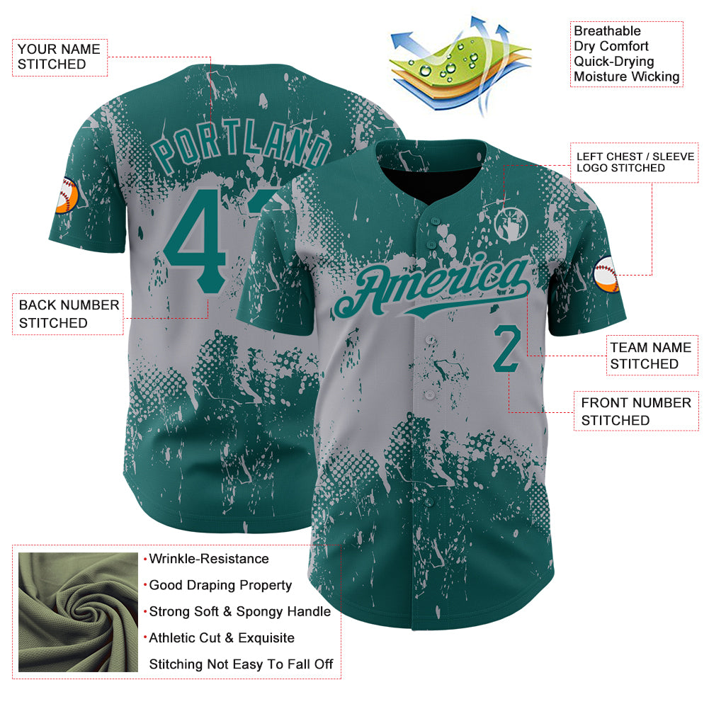 Custom Teal Gray 3D Pattern Design Abstract Splatter Grunge Art Authentic Baseball Jersey