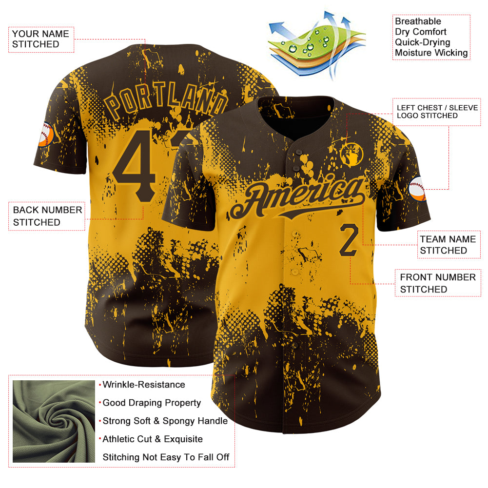 Custom Brown Gold 3D Pattern Design Abstract Splatter Grunge Art Authentic Baseball Jersey