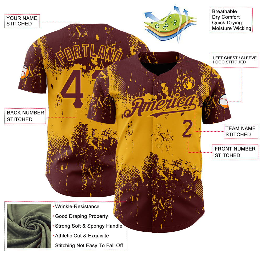 Custom Burgundy Gold 3D Pattern Design Abstract Splatter Grunge Art Authentic Baseball Jersey