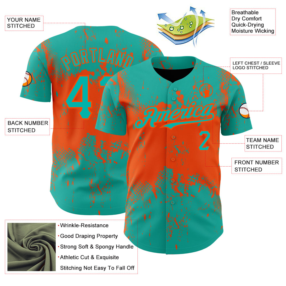 Custom Aqua Orange 3D Pattern Design Abstract Splatter Grunge Art Authentic Baseball Jersey