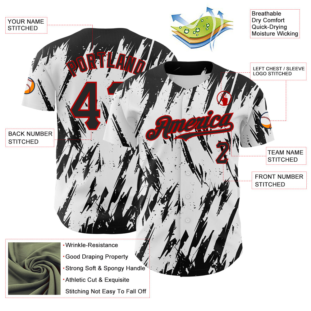 Custom White Black-Red 3D Pattern Design Abstract Sharp Shape Authentic Baseball Jersey