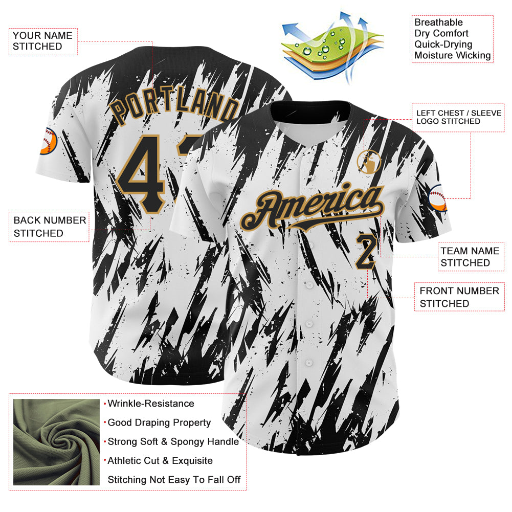 Custom White Black-Old Gold 3D Pattern Design Abstract Sharp Shape Authentic Baseball Jersey