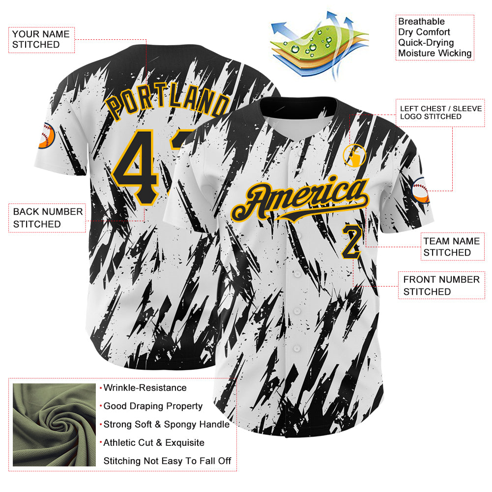 Custom White Black-Gold 3D Pattern Design Abstract Sharp Shape Authentic Baseball Jersey