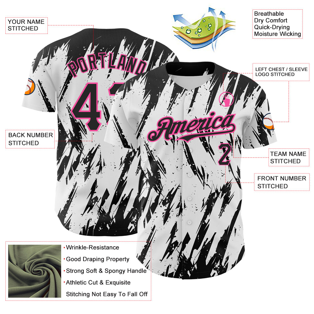 Custom White Black-Pink 3D Pattern Design Abstract Sharp Shape Authentic Baseball Jersey