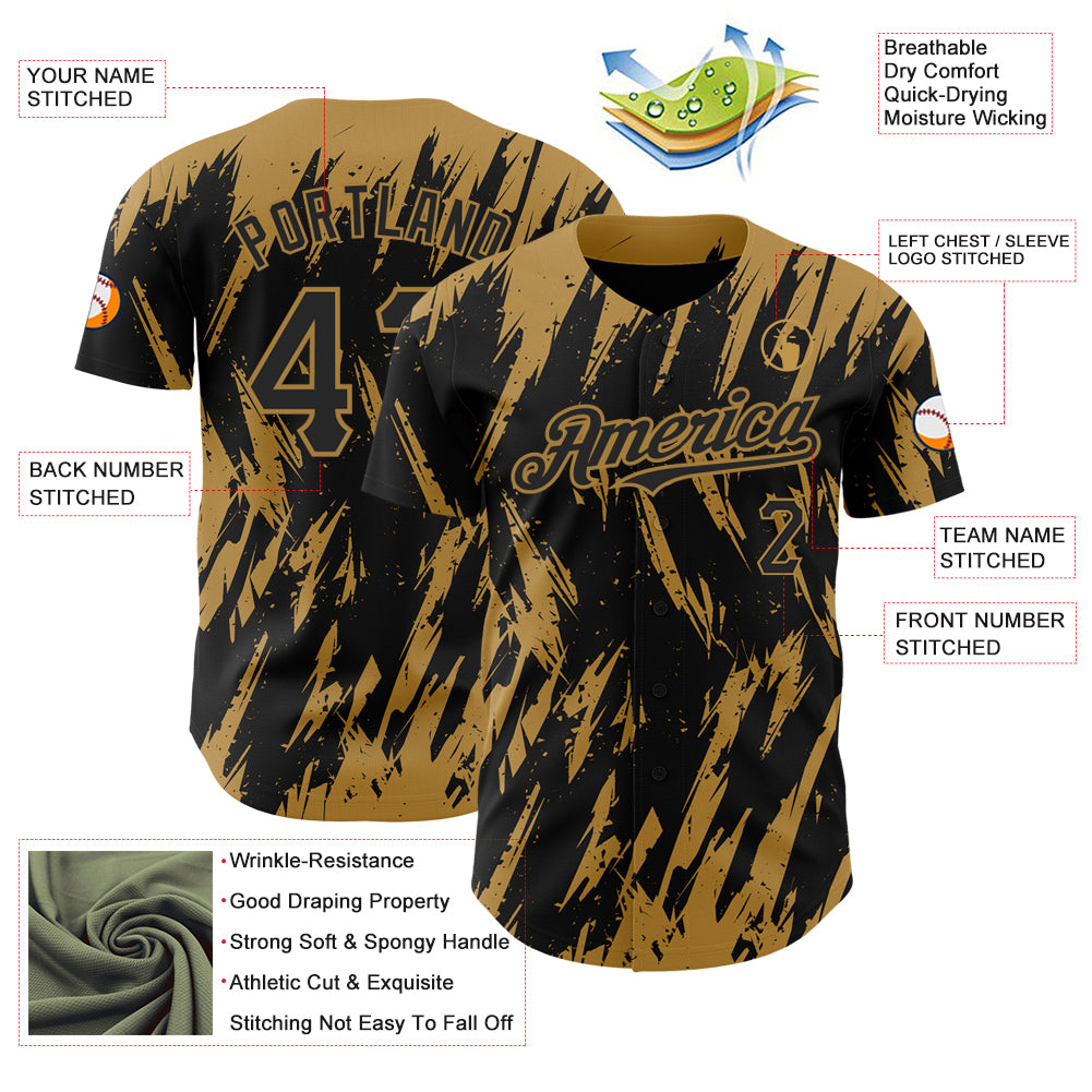 Custom Black Old Gold 3D Pattern Design Abstract Sharp Shape Authentic Baseball Jersey