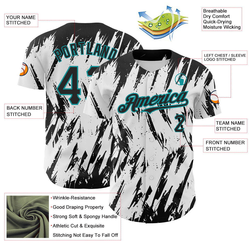 Custom White Black-Teal 3D Pattern Design Abstract Sharp Shape Authentic Baseball Jersey