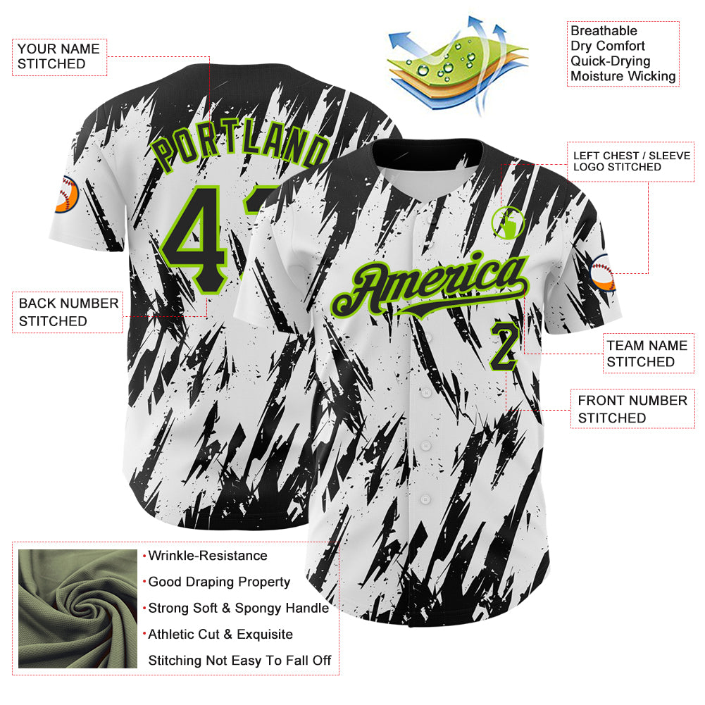 Custom White Black-Neon Green 3D Pattern Design Abstract Sharp Shape Authentic Baseball Jersey