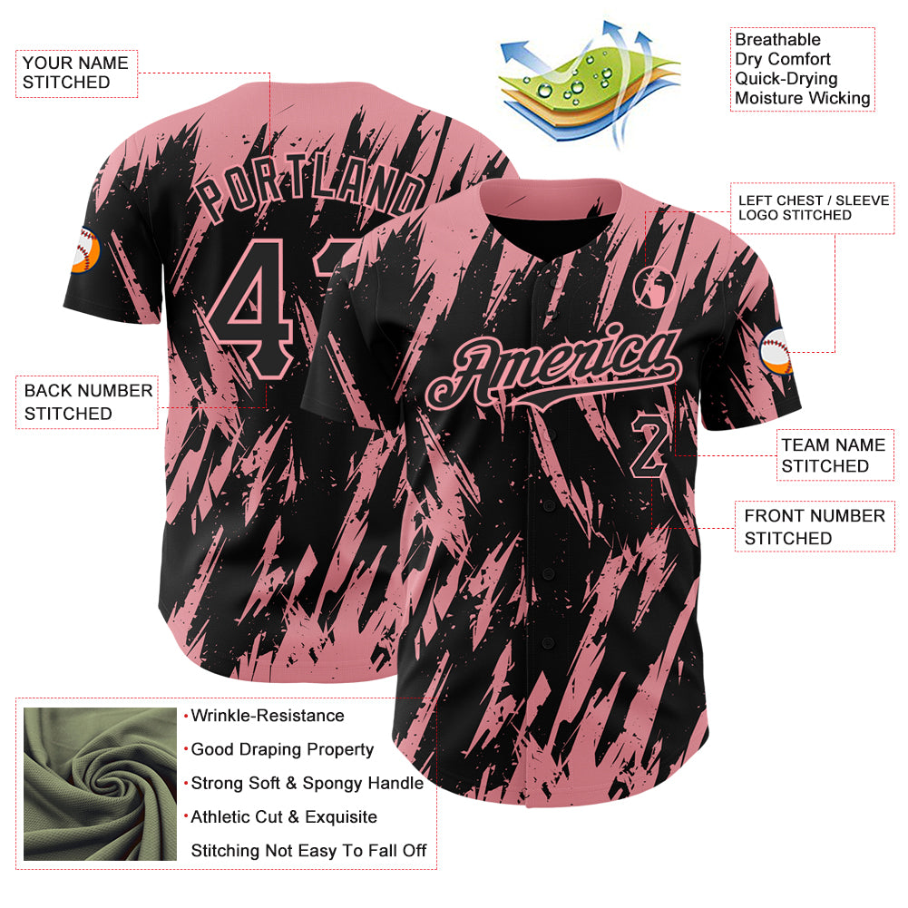 Custom Black Medium Pink 3D Pattern Design Abstract Sharp Shape Authentic Baseball Jersey