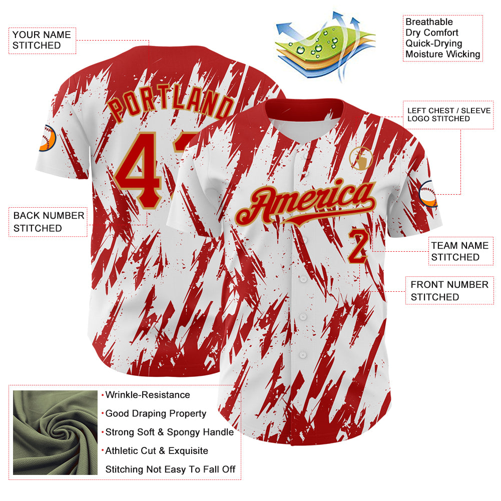 Custom White Red-Old Gold 3D Pattern Design Abstract Sharp Shape Authentic Baseball Jersey