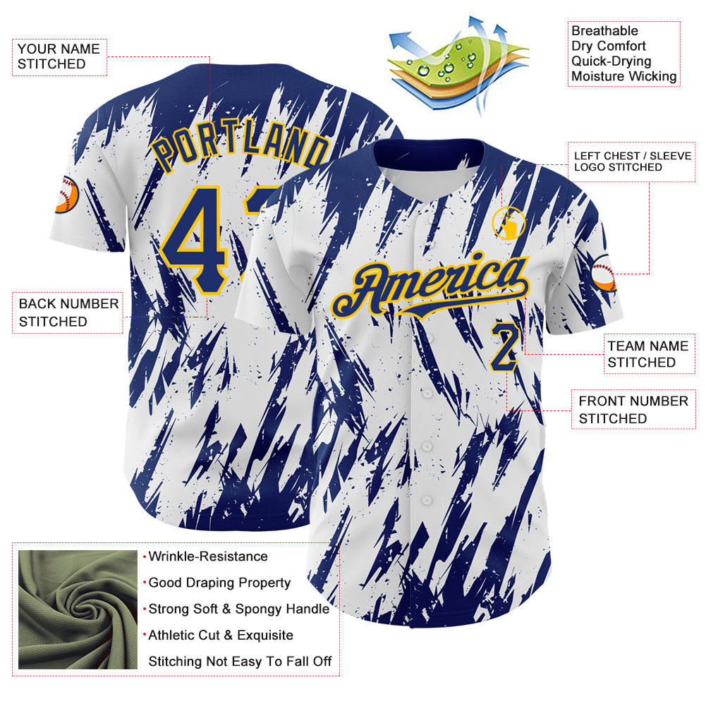 Custom White Royal-Yellow 3D Pattern Design Abstract Sharp Shape Authentic Baseball Jersey