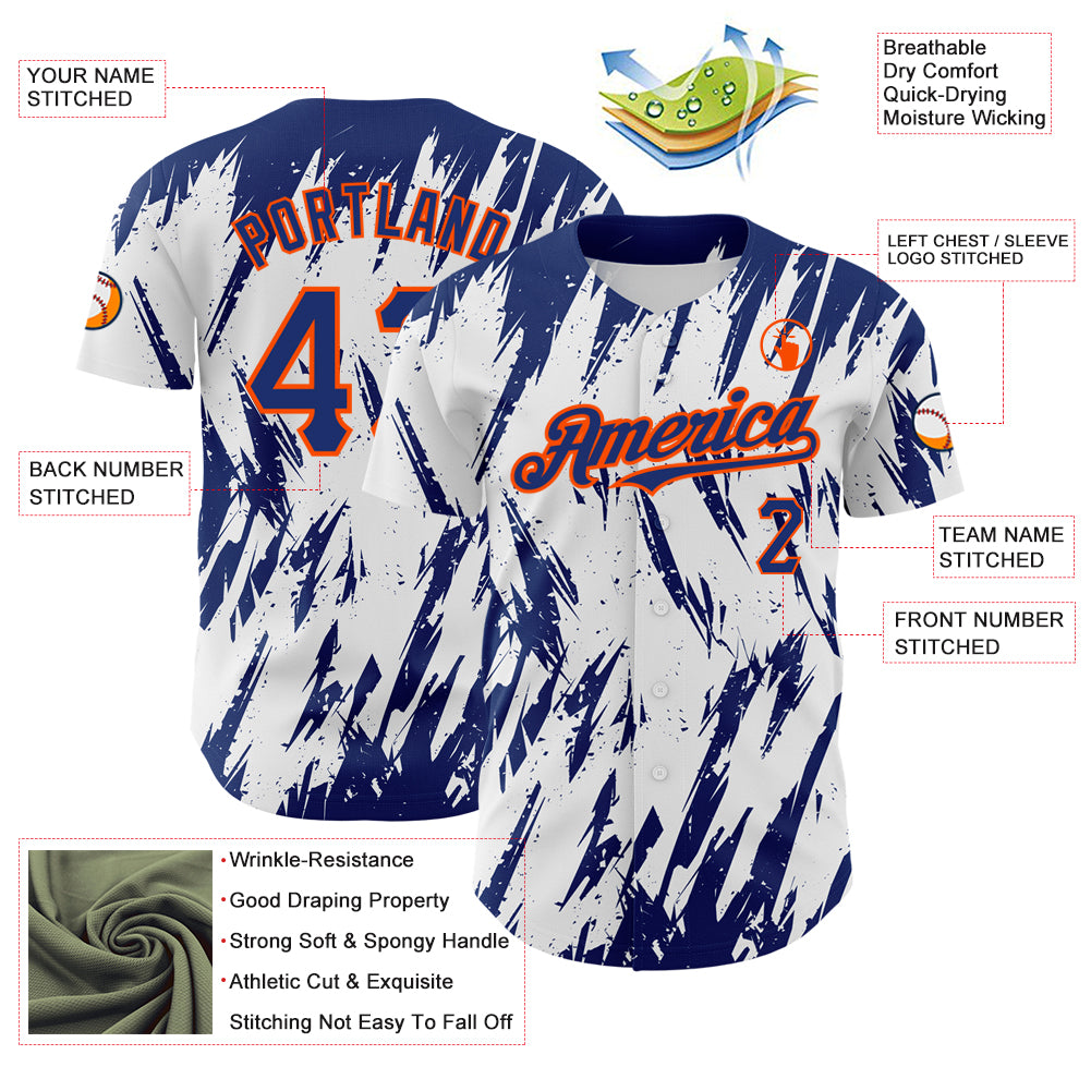 Custom White Royal-Orange 3D Pattern Design Abstract Sharp Shape Authentic Baseball Jersey