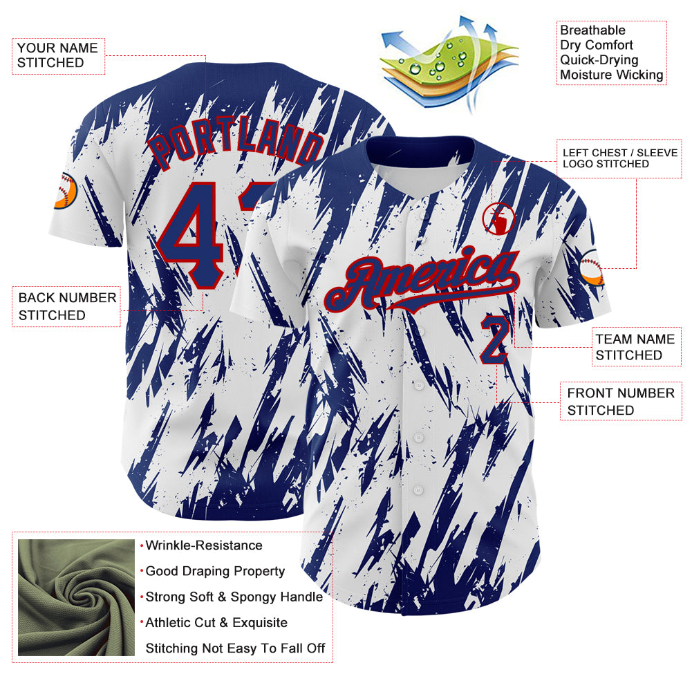 Custom White Royal-Red 3D Pattern Design Abstract Sharp Shape Authentic Baseball Jersey