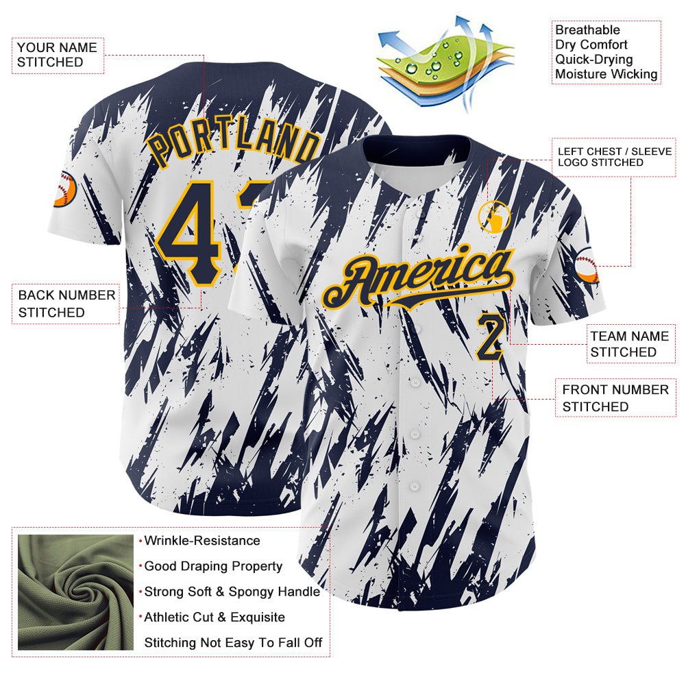 Custom White Navy-Gold 3D Pattern Design Abstract Sharp Shape Authentic Baseball Jersey