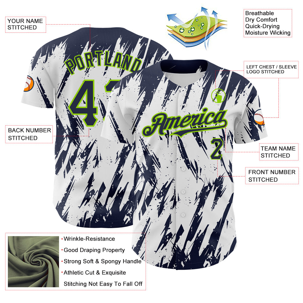 Custom White Navy-Neon Green 3D Pattern Design Abstract Sharp Shape Authentic Baseball Jersey