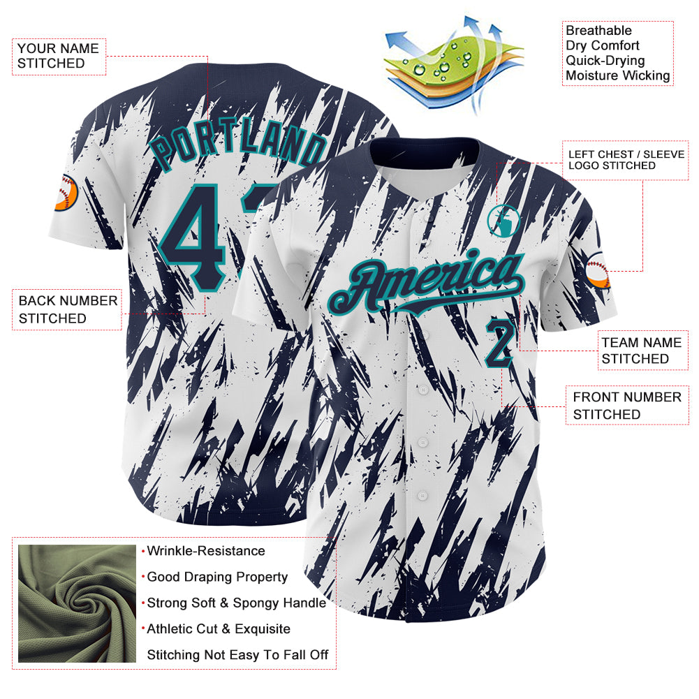 Custom White Navy-Teal 3D Pattern Design Abstract Sharp Shape Authentic Baseball Jersey