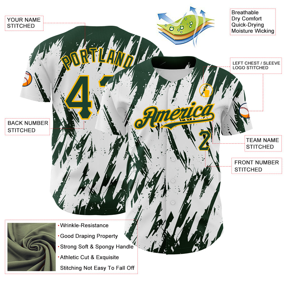 Custom White Green-Gold 3D Pattern Design Abstract Sharp Shape Authentic Baseball Jersey