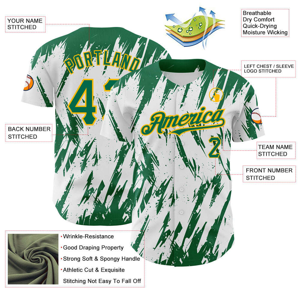 Custom White Kelly Green-Gold 3D Pattern Design Abstract Sharp Shape Authentic Baseball Jersey