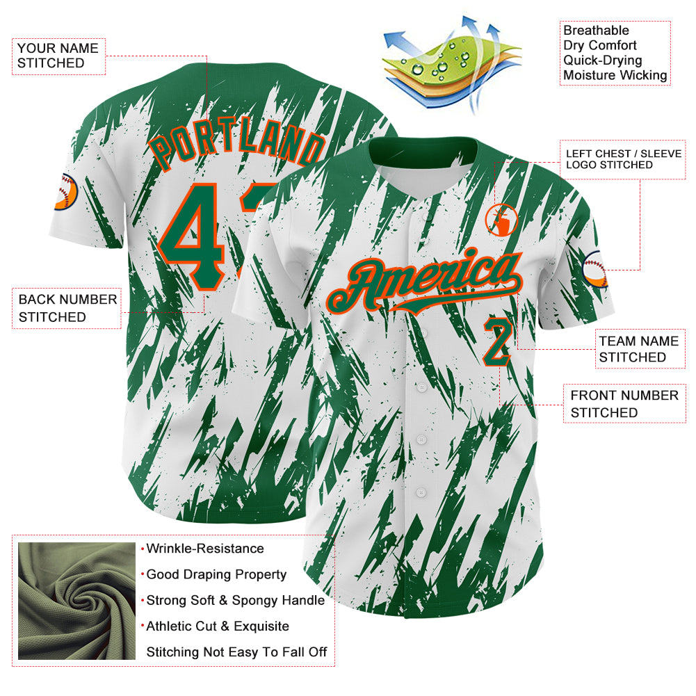 Custom White Kelly Green-Orange 3D Pattern Design Abstract Sharp Shape Authentic Baseball Jersey