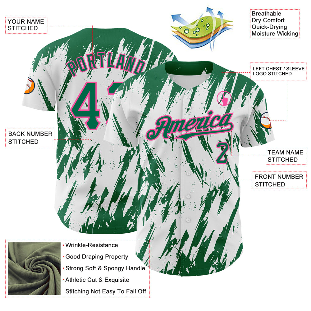 Custom White Kelly Green-Pink 3D Pattern Design Abstract Sharp Shape Authentic Baseball Jersey