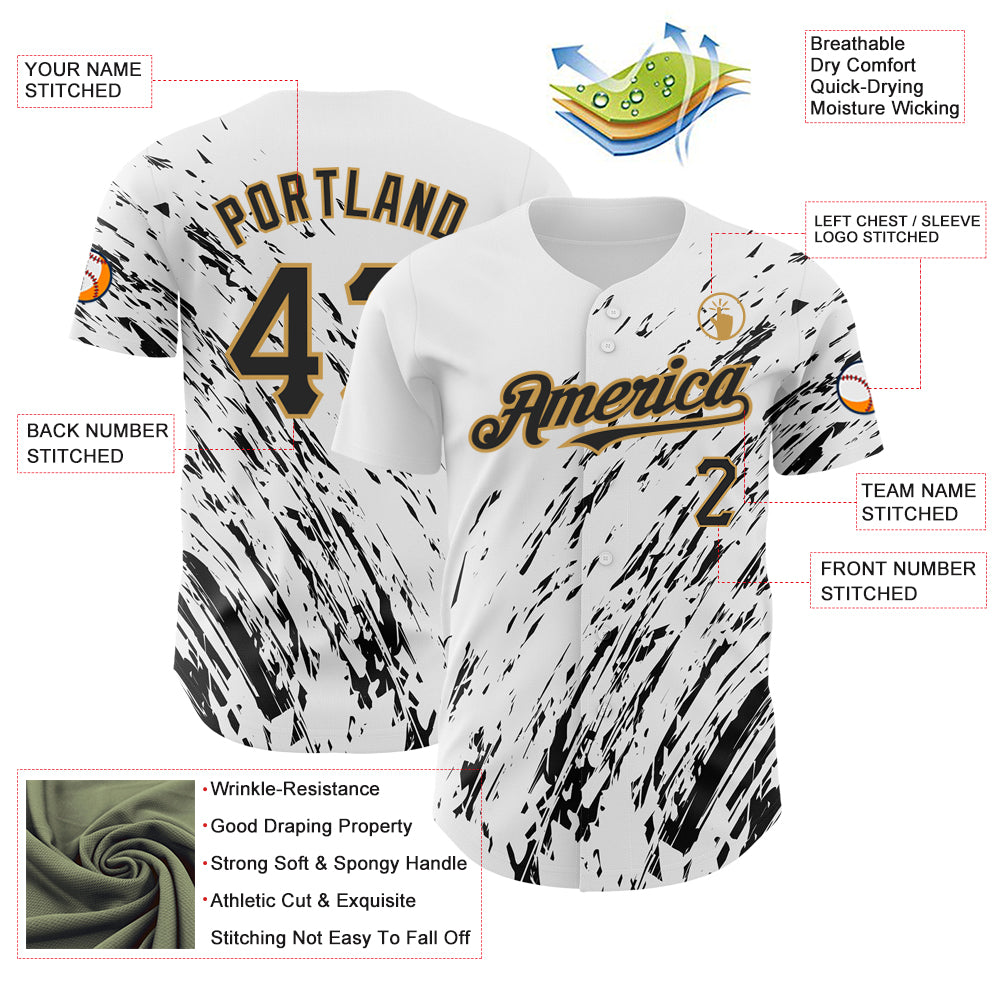 Custom White Black-Old Gold 3D Pattern Design Abstract Splash Authentic Baseball Jersey