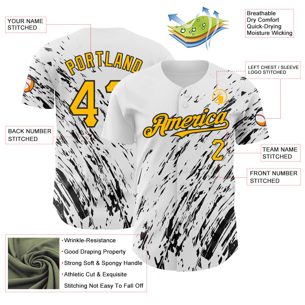 Custom White Gold-Black 3D Pattern Design Abstract Splash Authentic Baseball Jersey