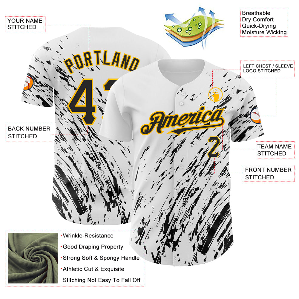 Custom White Black-Gold 3D Pattern Design Abstract Splash Authentic Baseball Jersey