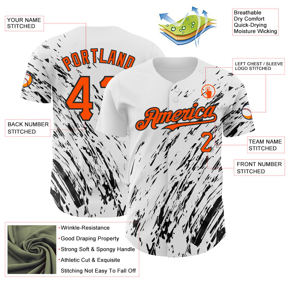 Custom White Orange-Black 3D Pattern Design Abstract Splash Authentic Baseball Jersey