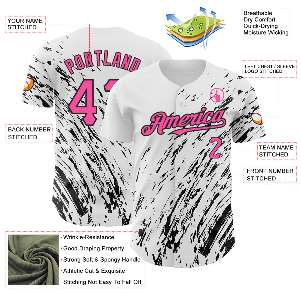 Custom White Pink-Black 3D Pattern Design Abstract Splash Authentic Baseball Jersey